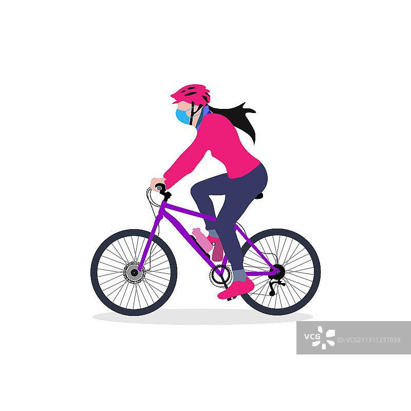 戴口罩和手套的女孩骑自行车图片素材