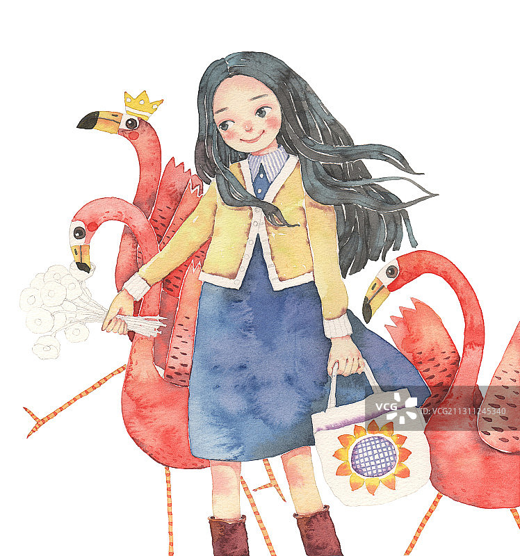 人物水彩插画-带着三只火烈鸟的女孩子图片素材