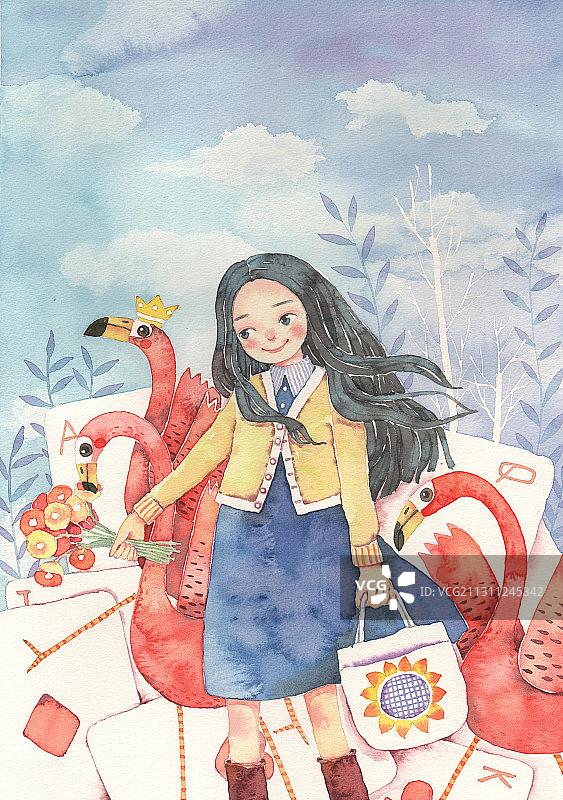 人物水彩插画-带着火烈鸟去旅游的女孩图片素材