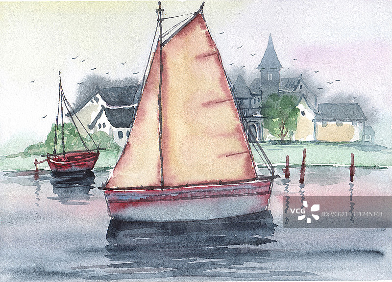 风景水彩插画-湖边的小船图片素材