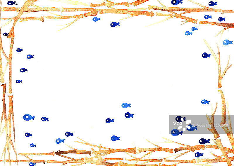 海洋鱼类与树枝框架图片素材