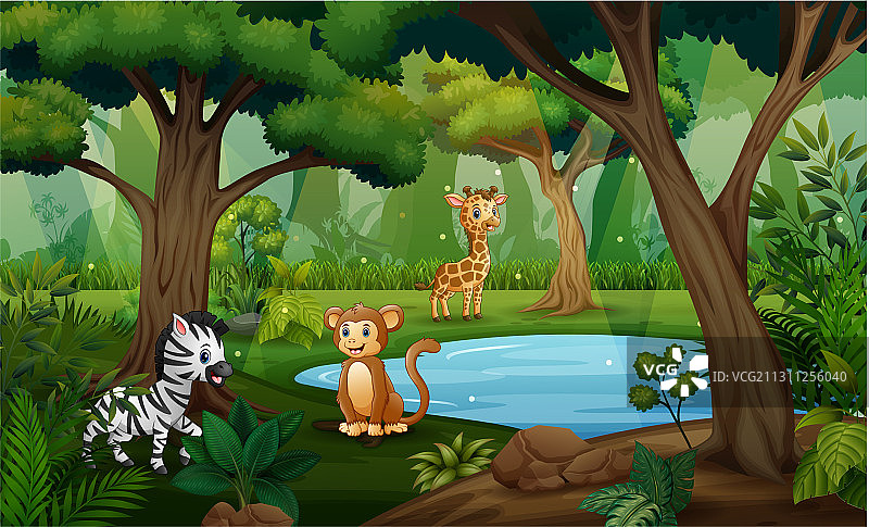 池塘边嬉戏的动物们图片素材