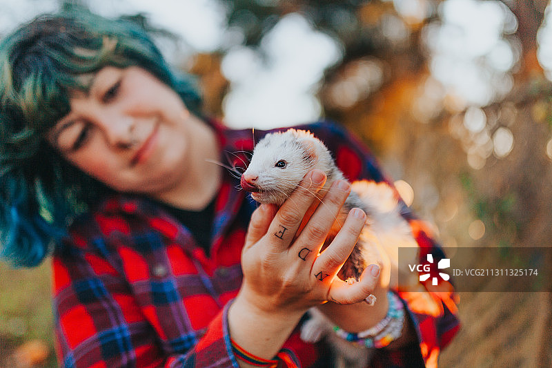 秋日黄昏时分在加拿大不列颠哥伦比亚省维多利亚市户外与宠物雪貂互动的女人图片素材