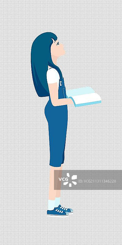 长发少女手捧书本抬头图片素材