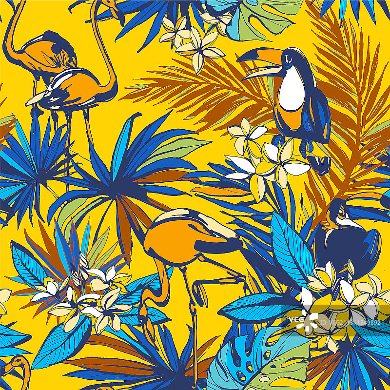 热带棕榈叶花卉无缝图案图片素材