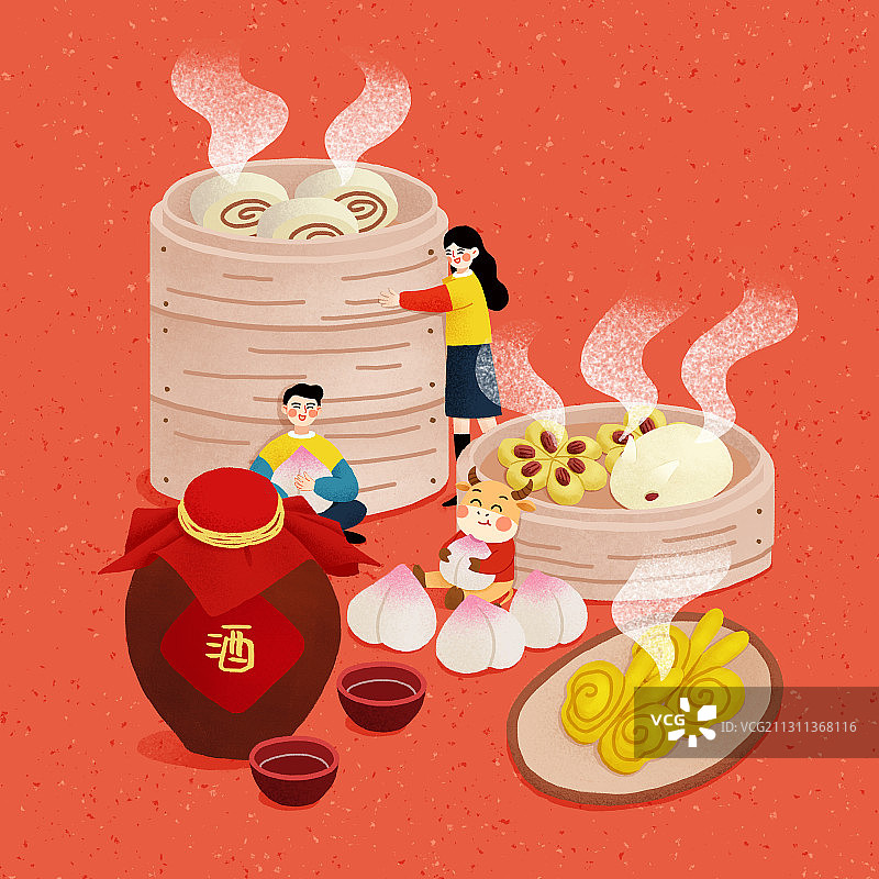 牛年年俗情侣红色背景方形腊月二十九-蒸馒头图片素材