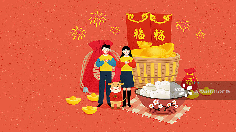 牛年年俗情侣红色背景横版正月初一-去拜年图片素材