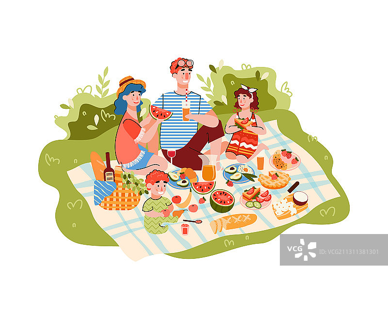 自然风光中的家庭卡通野餐图片素材