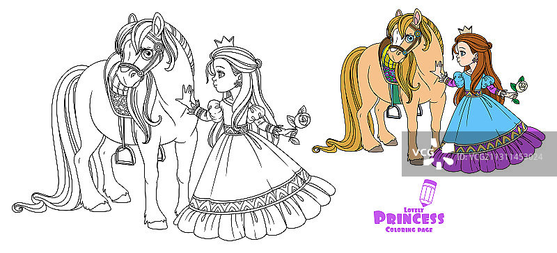 美丽公主抚摸着一匹彩色马图片素材