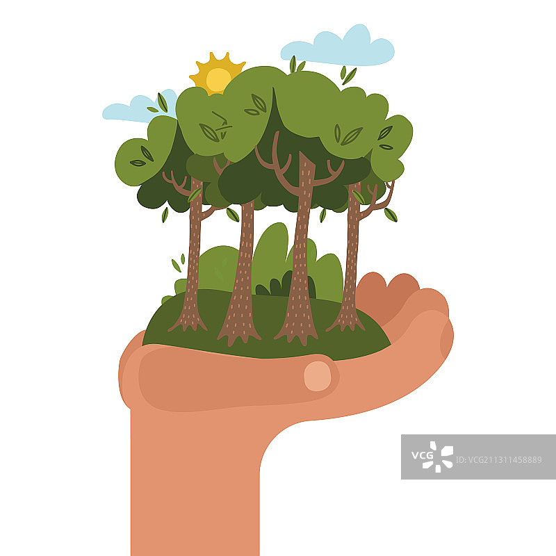 手持绿色树林图片素材