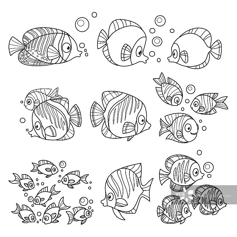 用于着色的卡通趣味海洋鱼类轮廓图片素材