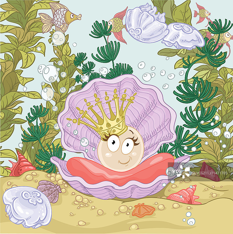 珊瑚礁上戴皇冠的贝壳珍珠图片素材