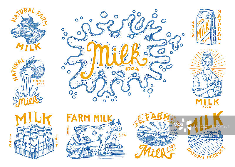 牛奶套装：奶牛、女农民和牛奶罐图片素材