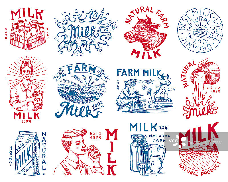 牛奶套装：奶牛、女农民和牛奶罐图片素材