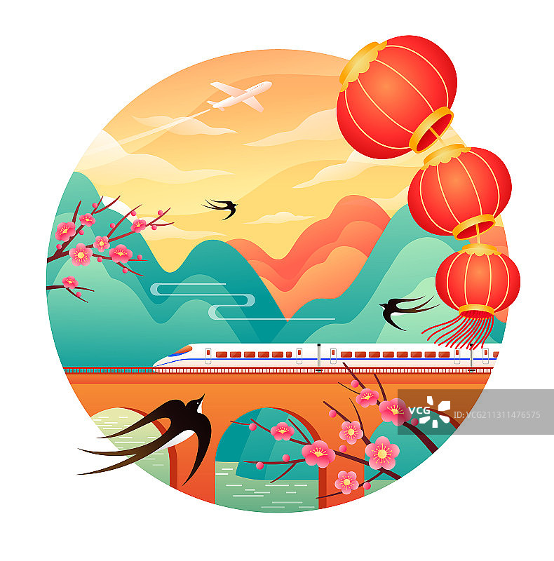 动车和山水灯笼等插画圆形版图片素材