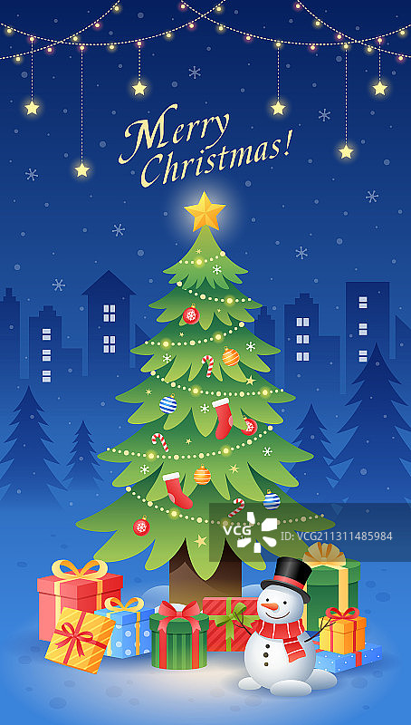 夜晚圣诞树和雪人礼物等图片素材