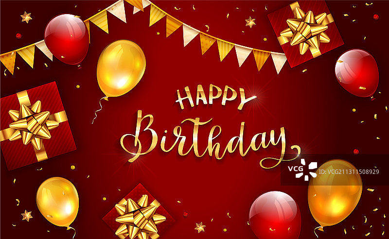 红色背景上的礼物和气球装饰图片素材