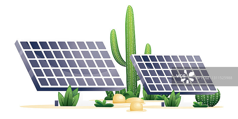 两个太阳能电池板和沙漠植物，隔离图片素材