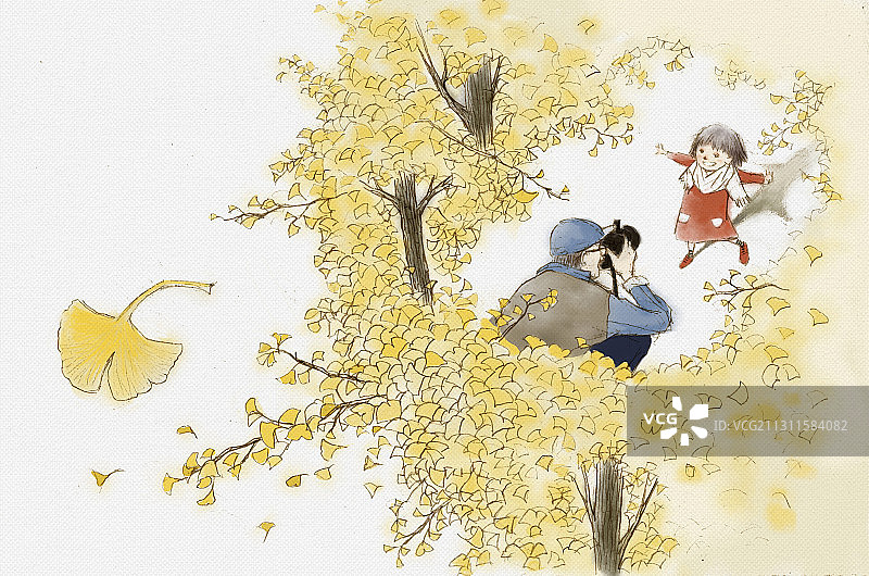 银杏树下嬉戏拍照的父女俩秋天落叶水彩插画图片素材