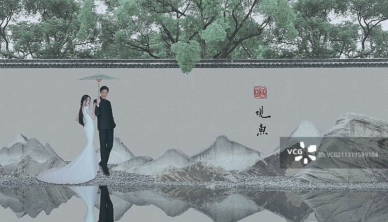 中国画写意风,新郎和新娘图片素材