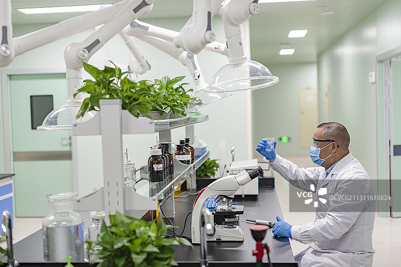 一中年男性医务工作者在试验台前观察试验图片素材