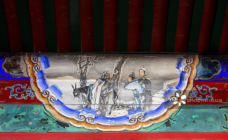 颐和园长廊里的包袱皮苏式彩画虬髯客风尘三侠图片素材