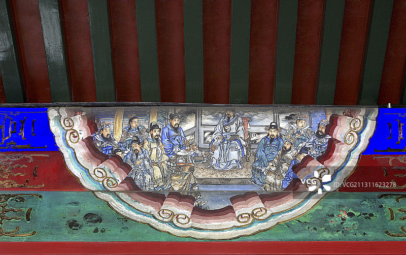 颐和园长廊里的包袱皮苏式彩画诸葛亮舌战群儒图片素材