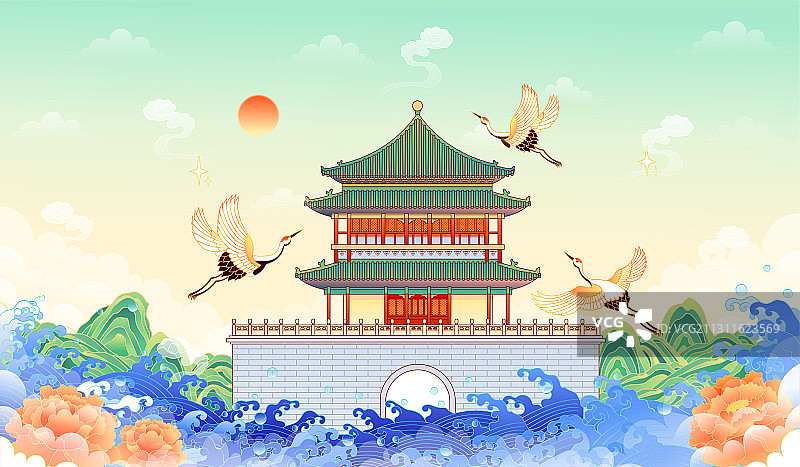 陕西西安钟楼古建筑矢量插画图片素材