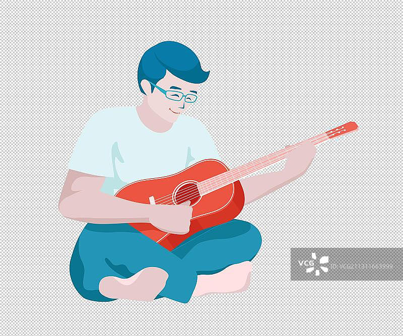 年轻男人盘腿坐弹吉他图片素材