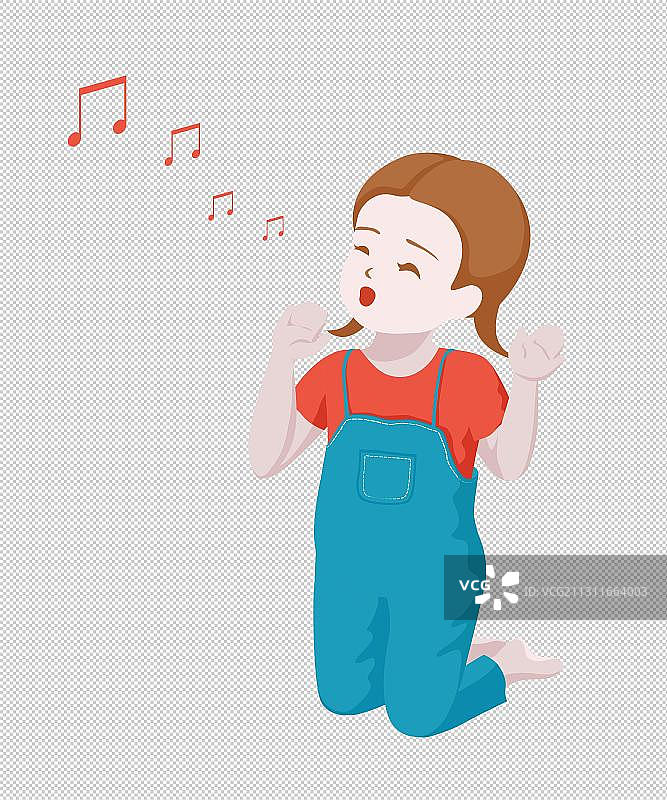 穿背带裤小女孩跪坐唱歌图片素材