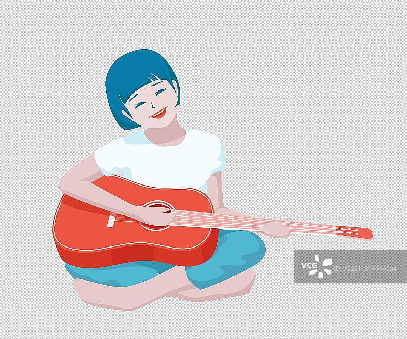 美丽短发少女盘腿坐弹吉他图片素材