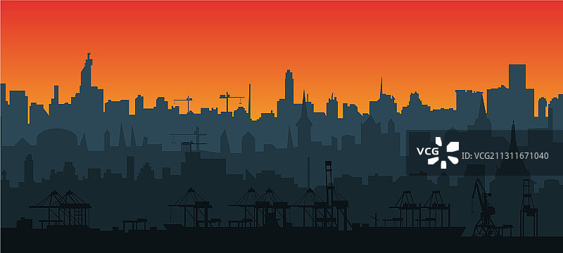 扁平风格日落城市天际线剪影图片素材