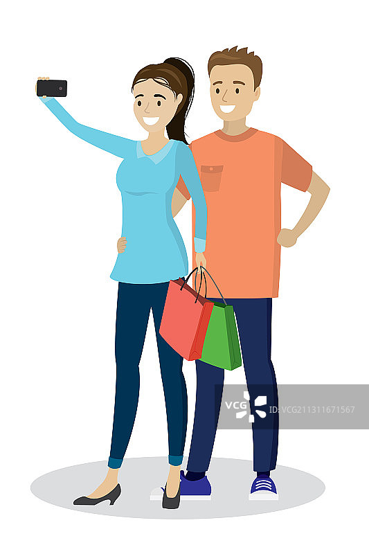 卡通情侣自拍隔离在白色背景上图片素材