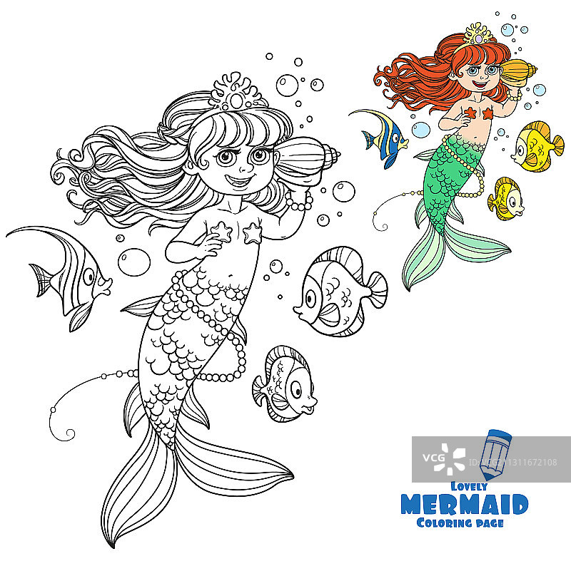 可爱小美人鱼漂浮在水中图片素材