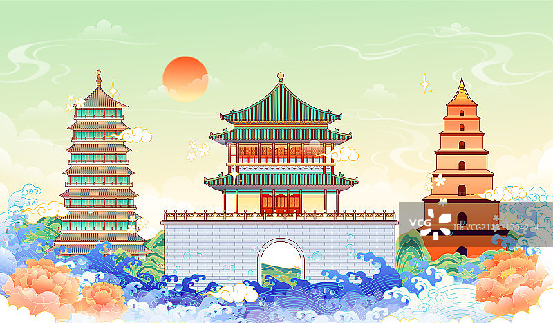 陕西西安标志性建筑矢量插画图片素材