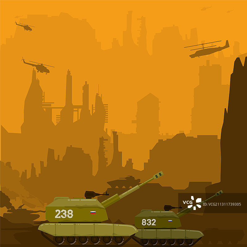 带有榴弹炮、直升机、坦克和运输机的战争图片素材
