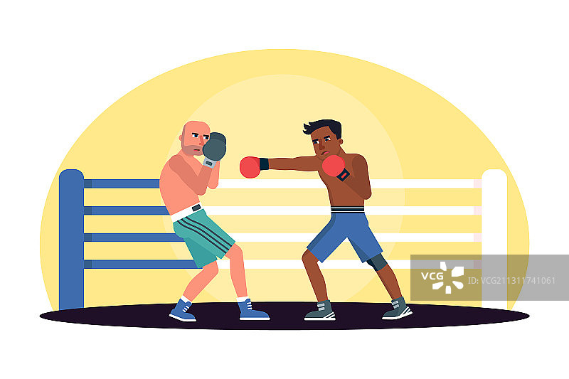 两名卡通男拳击手在擂台上搏斗图片素材