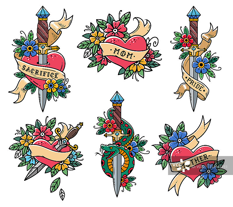 老式风格的心形纹身合集图片素材