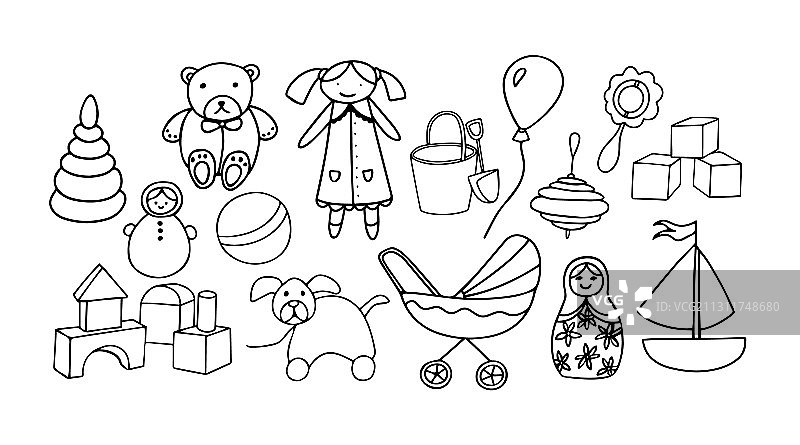一套手绘的可爱小女孩玩具图片素材
