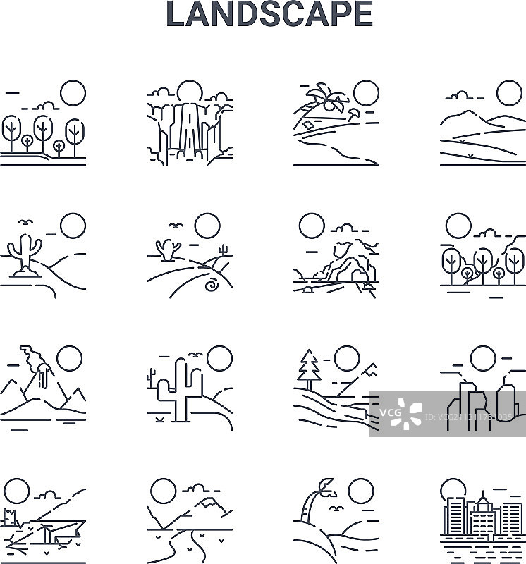 16组景观概念细线条图标（64x64像素）图片素材