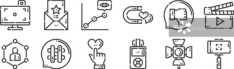 12个线性视频博主图标细线轮廓图片素材