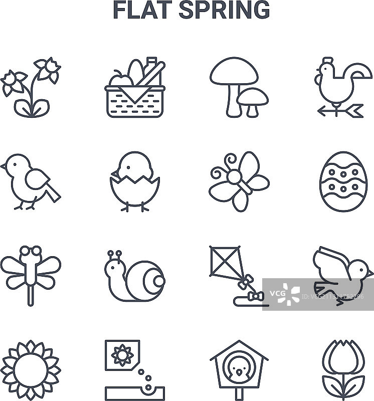 16色扁平风格春季概念线条图标（64x64）图片素材