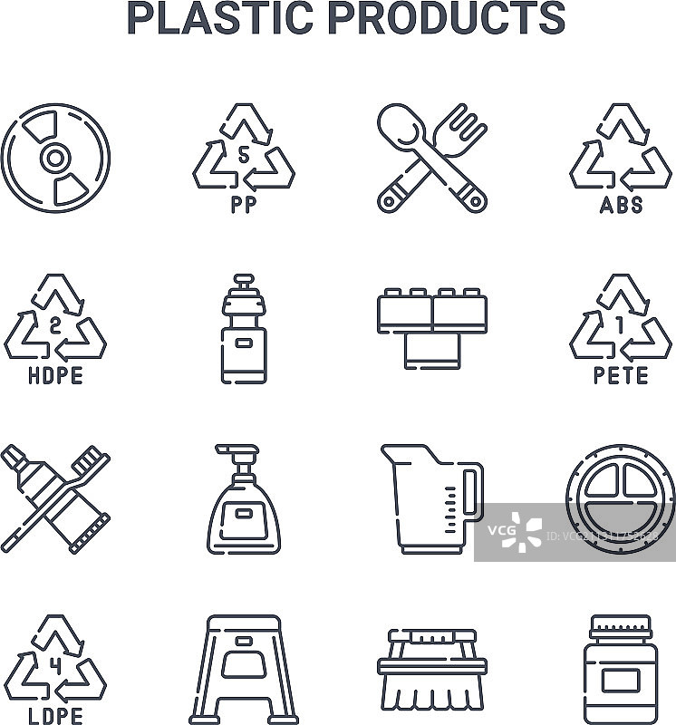 16个塑料制品概念线性图标图片素材