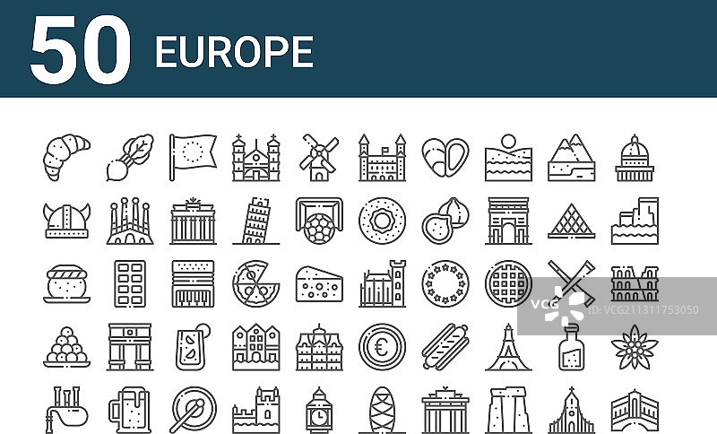 50个欧洲图标轮廓细线图标图片素材