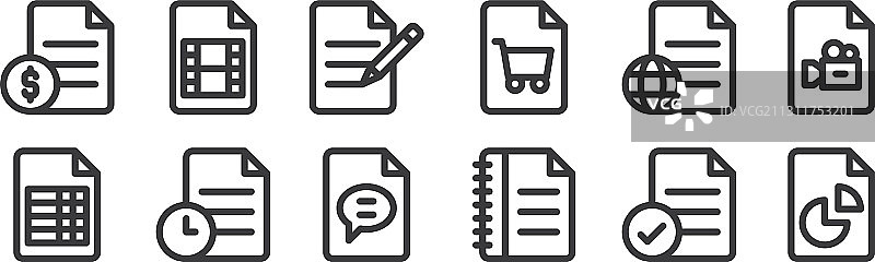 12个线性文档和文件图标细线集图片素材
