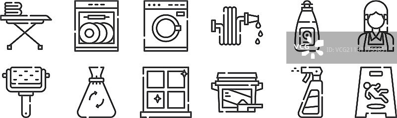 12个线性清洁图标细线轮廓图片素材