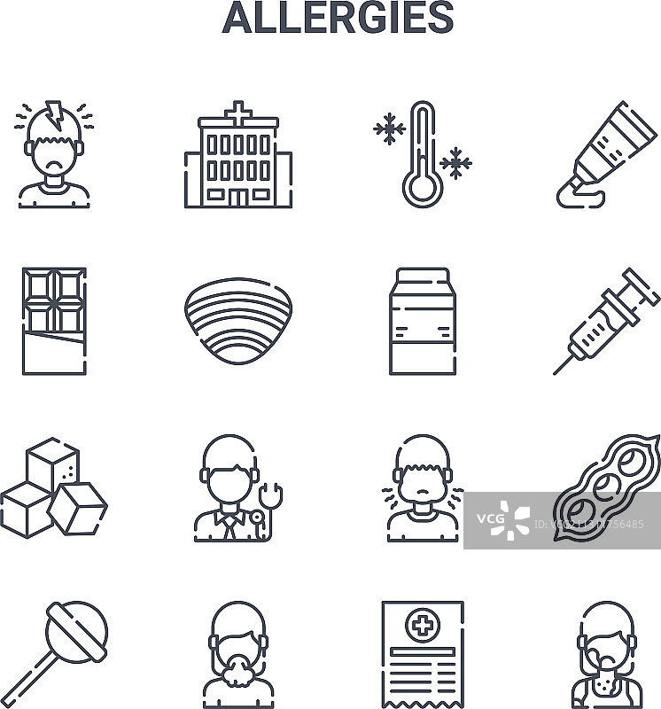 16个过敏概念细线线性图标64x64图片素材