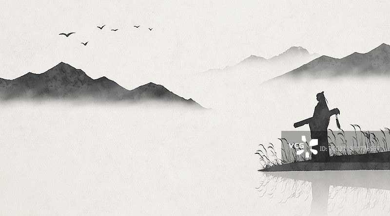 中国风水墨抱琴山水插画图片素材