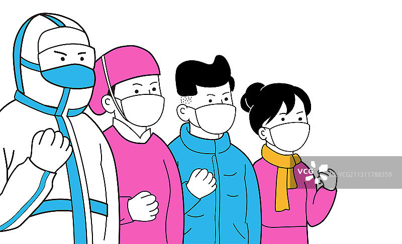 医护人员与民众握拳加油插画图片素材