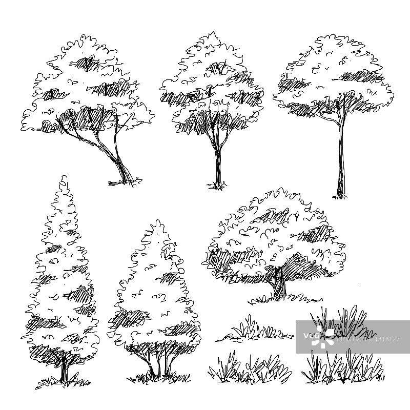 手绘树木建筑草图图片素材